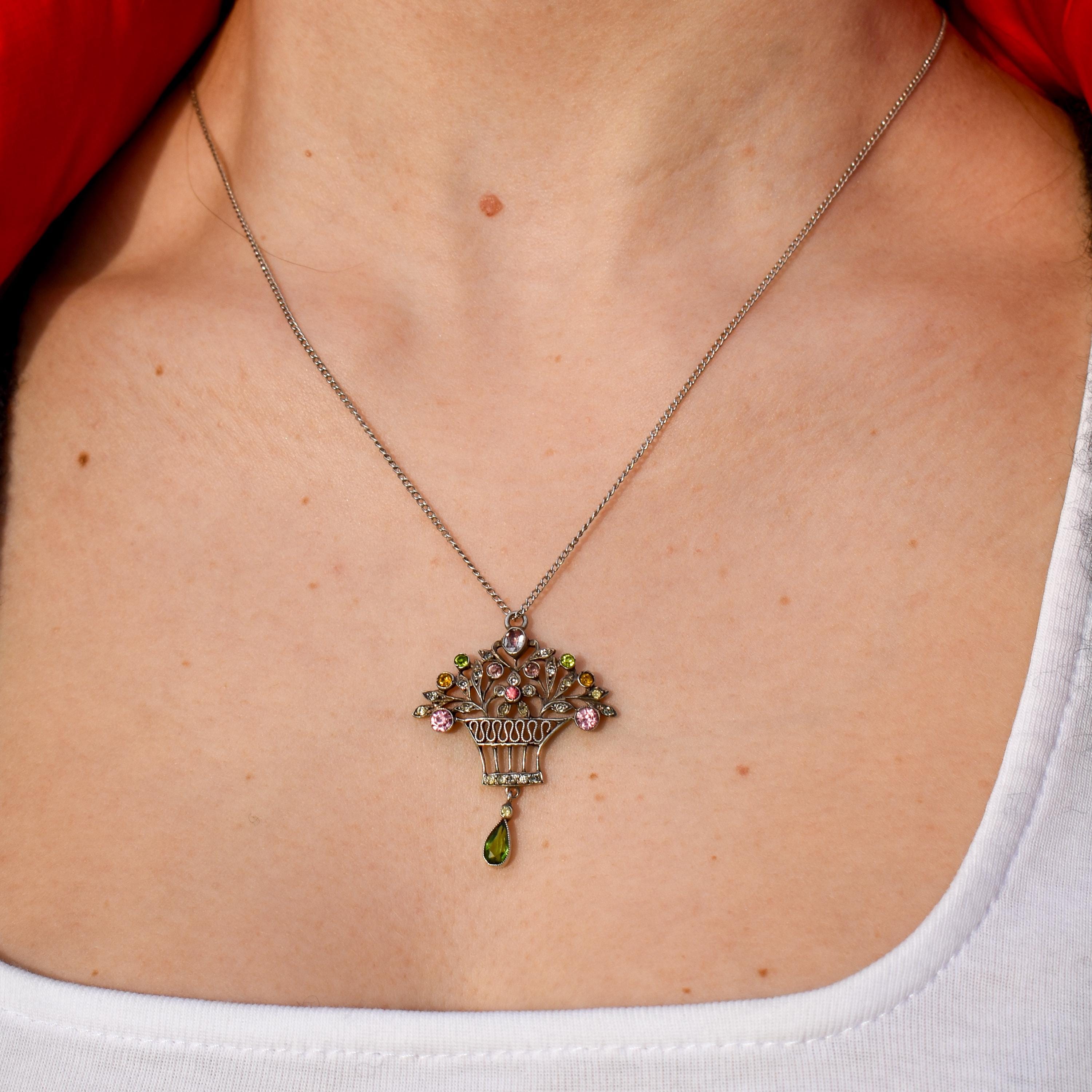 Antique Giardinetti Flower Basket Paste Silver Pendant Necklace