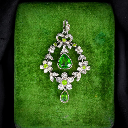 Antique Edwardian Old Cut Paste Green Silver Floral Drop Lavalier Pendant