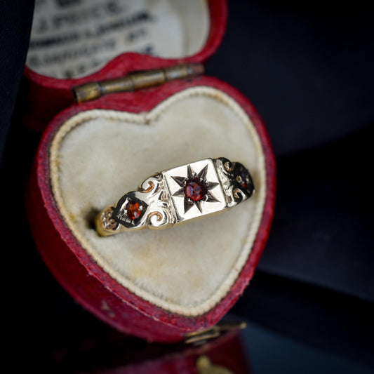 Vintage Garnet Starburst Three Stone Gold Gypsy Ring