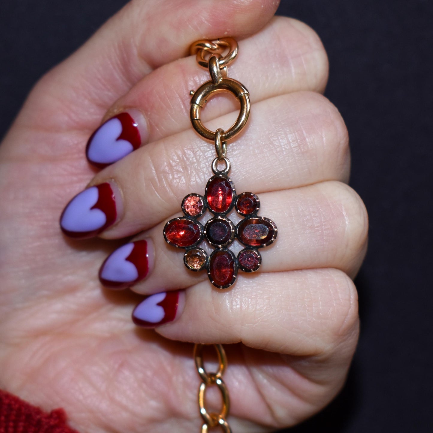 Antique Georgian Flat Cut Garnet Flower Gold Pendant