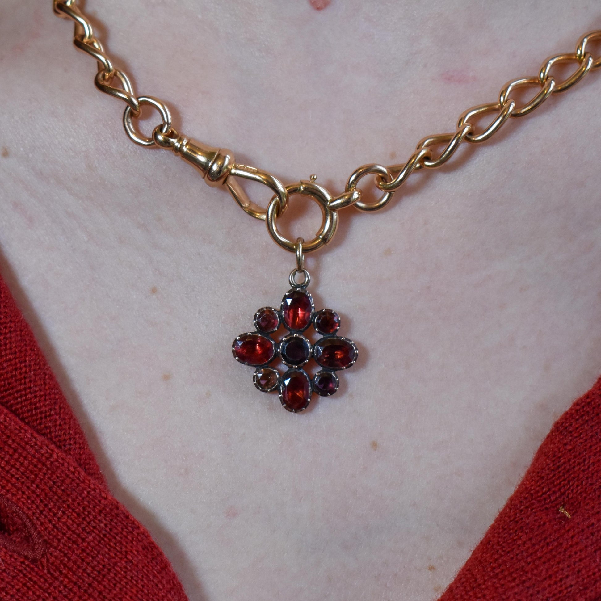 Antique Georgian Flat Cut Garnet Flower Gold Pendant