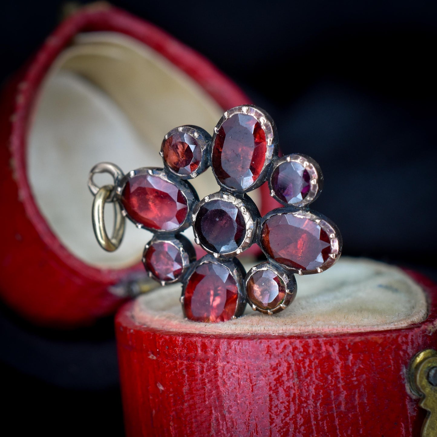 Antique Georgian Flat Cut Garnet Flower Gold Pendant