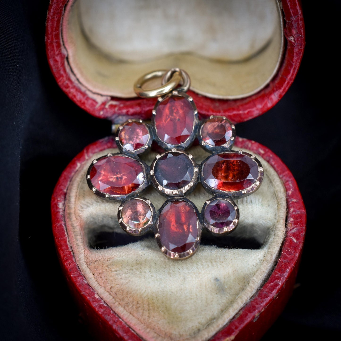 Antique Georgian Flat Cut Garnet Flower Gold Pendant