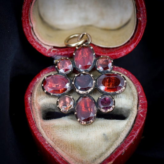 Antique Georgian Flat Cut Garnet Flower Gold Pendant