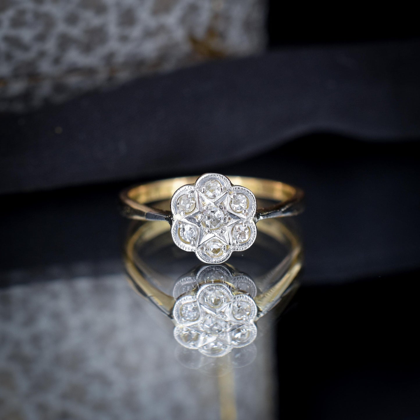 Antique Diamond Cluster Daisy Star 18ct Gold and Platinum Ring