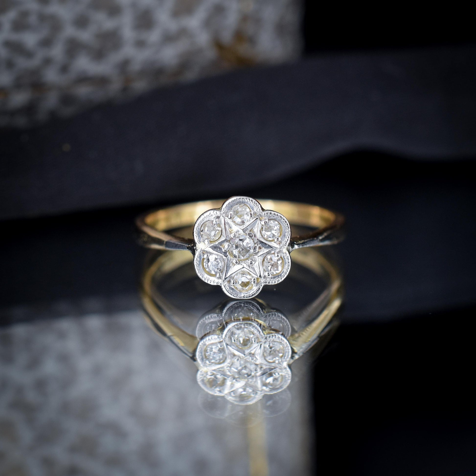 Antique Diamond Cluster Daisy Star 18ct Gold and Platinum Ring