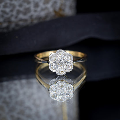 Antique Diamond Cluster Daisy Star 18ct Gold and Platinum Ring