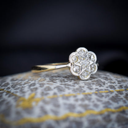 Antique Diamond Cluster Daisy Star 18ct Gold and Platinum Ring