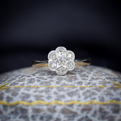 Antique Diamond Cluster Daisy Star 18ct Gold and Platinum Ring