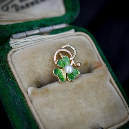 Antique Pearl 15ct Gold Enamel Clover Charm Pendant