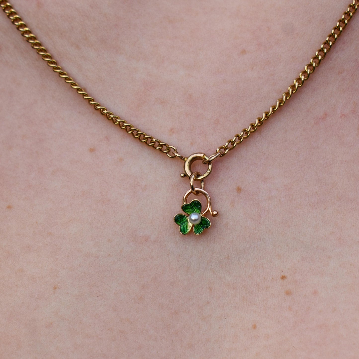 Antique Pearl 15ct Gold Enamel Clover Charm Pendant