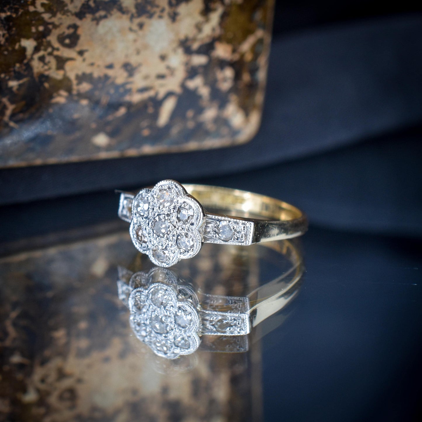 Antique Edwardian Diamond Cluster Daisy 18ct Yellow Gold and Platinum Ring