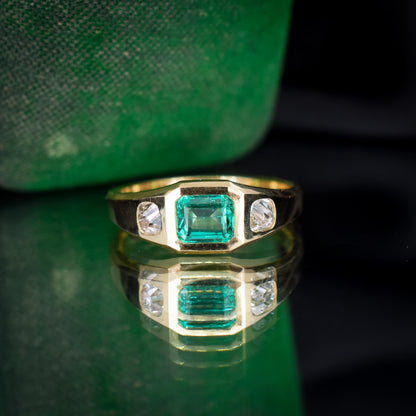Natural Emerald and Diamond Three Stone 18ct Gold Gypsy Band Ring