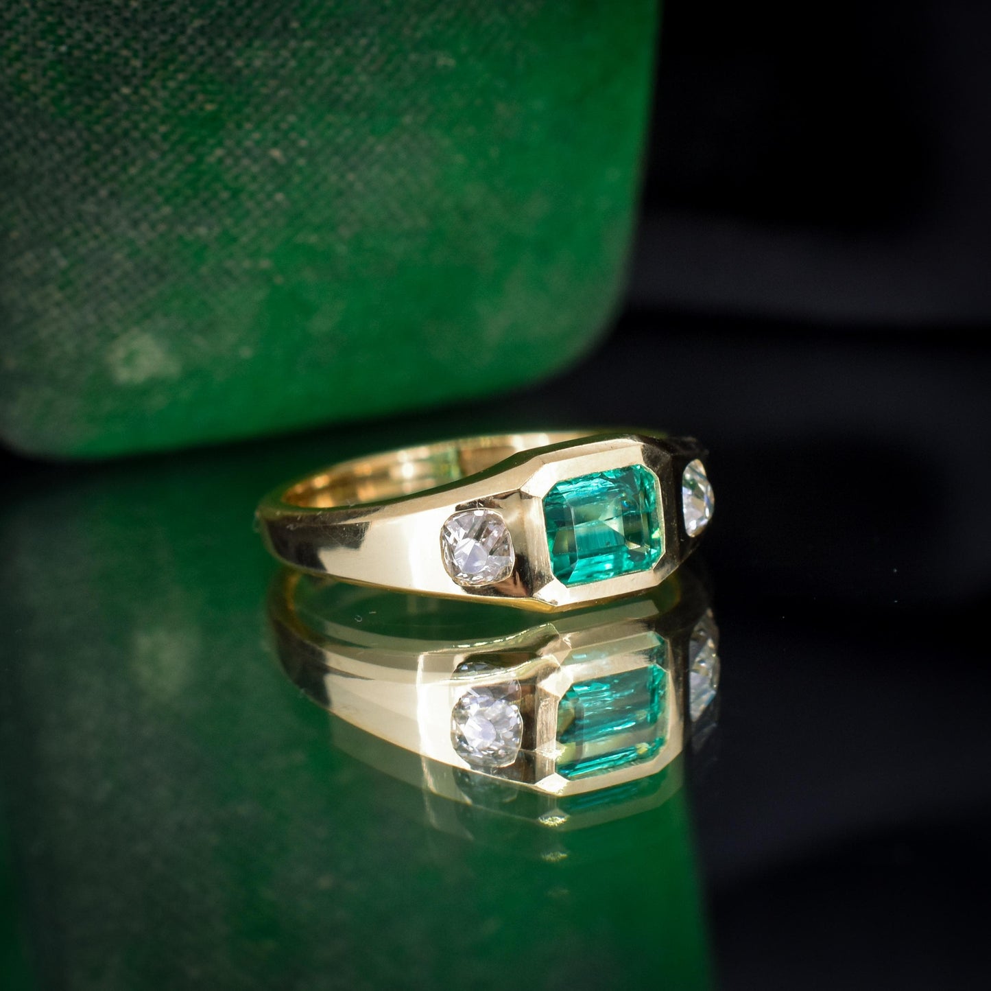 Natural Emerald and Diamond Three Stone 18ct Gold Gypsy Band Ring