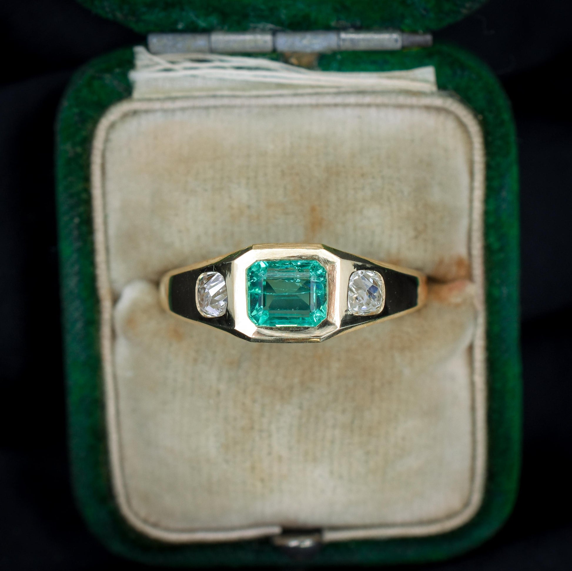 Natural Emerald and Diamond Three Stone 18ct Gold Gypsy Band Ring