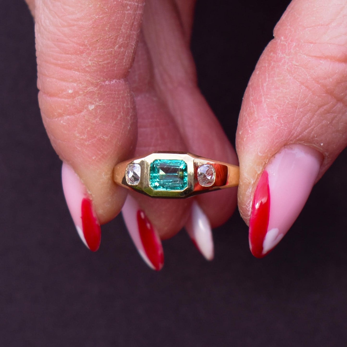 Natural Emerald and Diamond Three Stone 18ct Gold Gypsy Band Ring