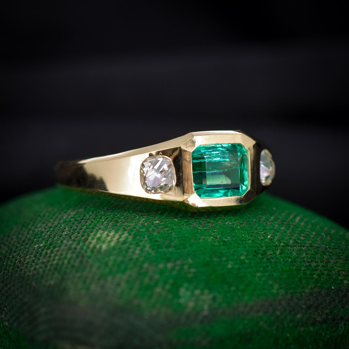 Natural Emerald and Diamond Three Stone 18ct Gold Gypsy Band Ring