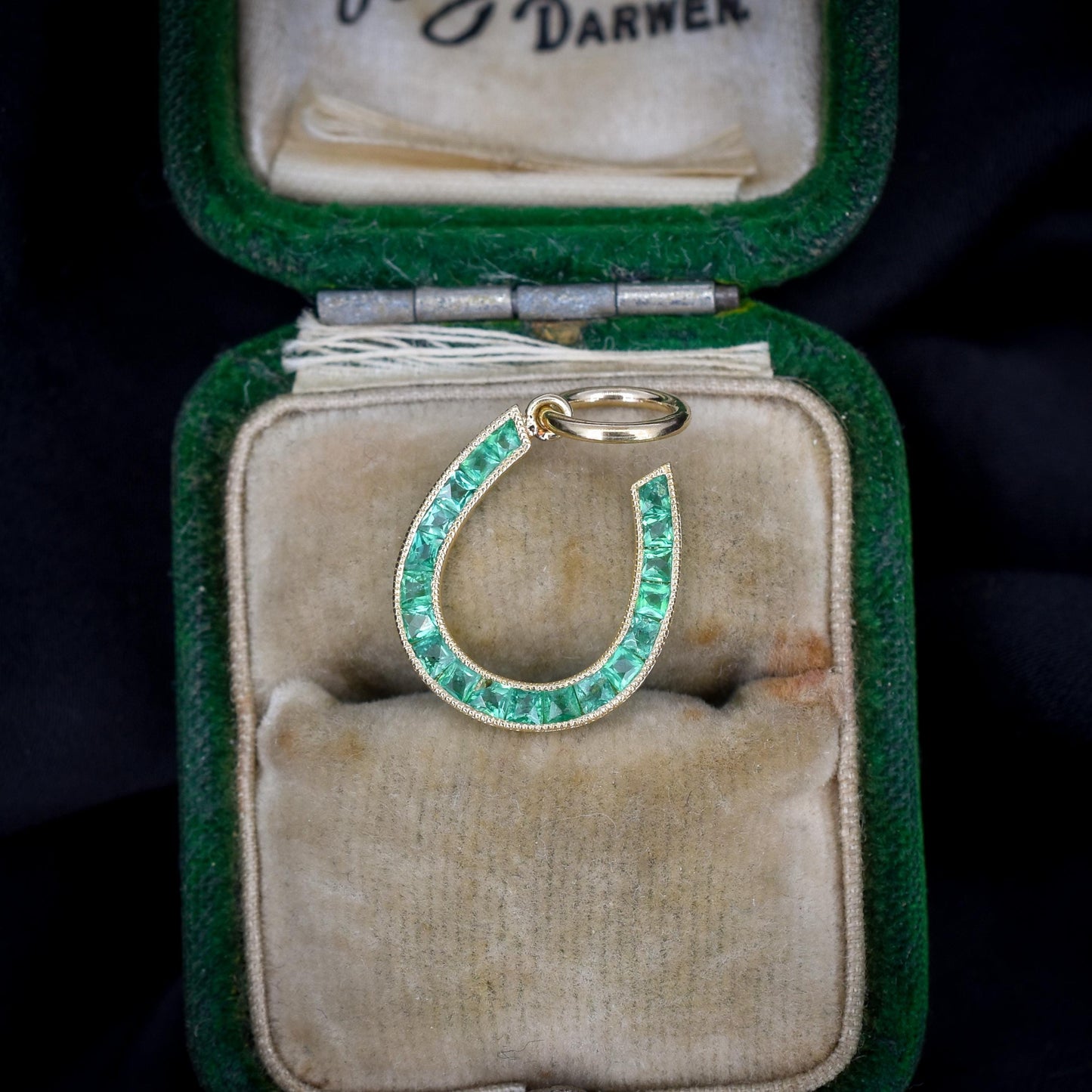 0.35ct French Cut Emerald Horseshoe 18ct Gold Charm Pendant
