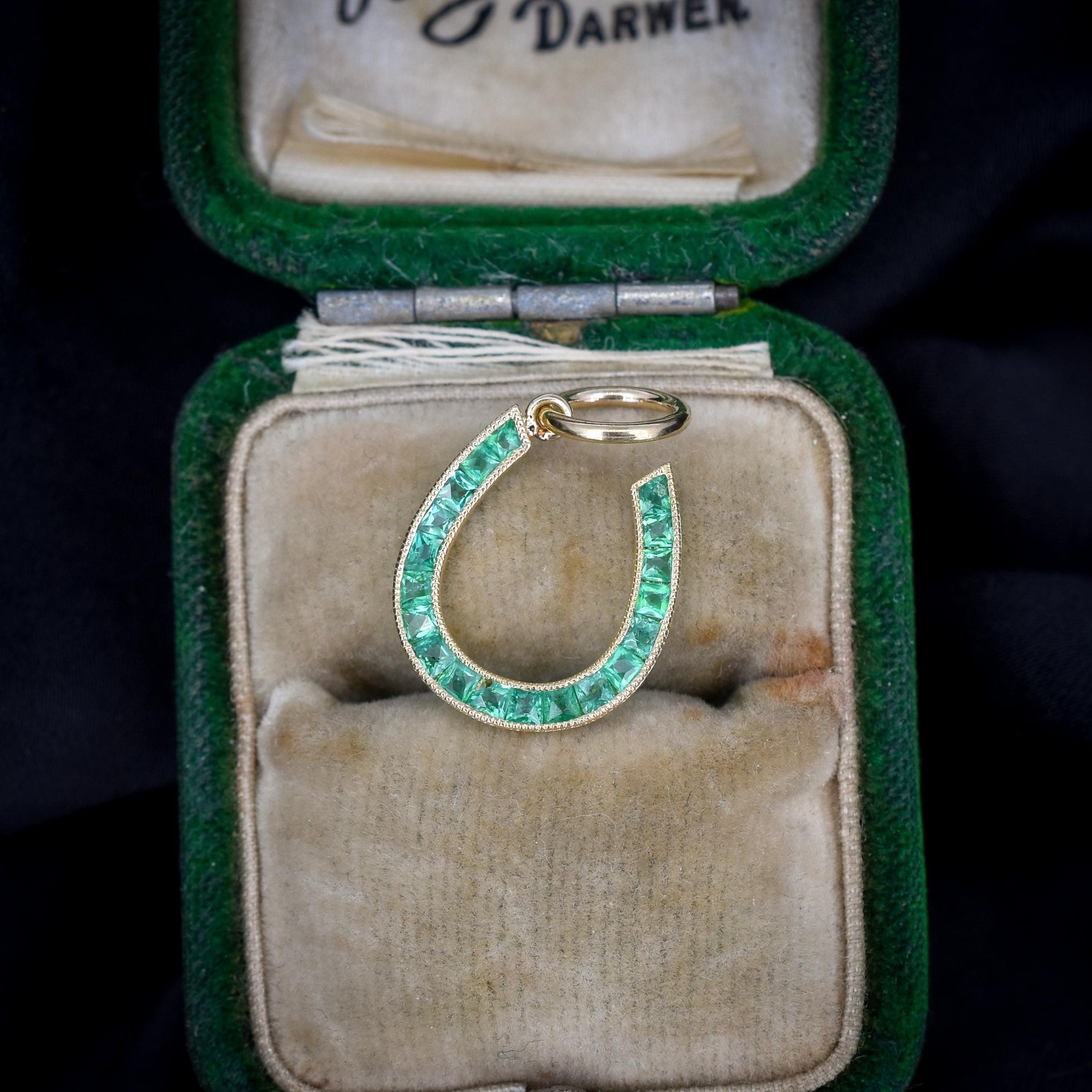 0.35ct French Cut Emerald Horseshoe 18ct Gold Charm Pendant