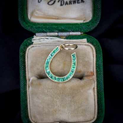 0.35ct French Cut Emerald Horseshoe 18ct Gold Charm Pendant