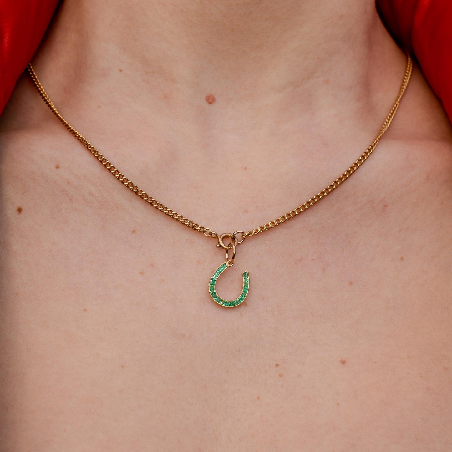 0.35ct French Cut Emerald Horseshoe 18ct Gold Charm Pendant