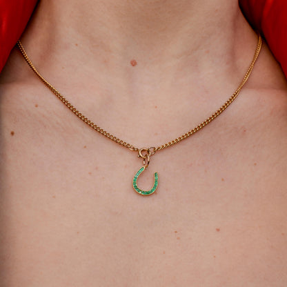 0.35ct French Cut Emerald Horseshoe 18ct Gold Charm Pendant