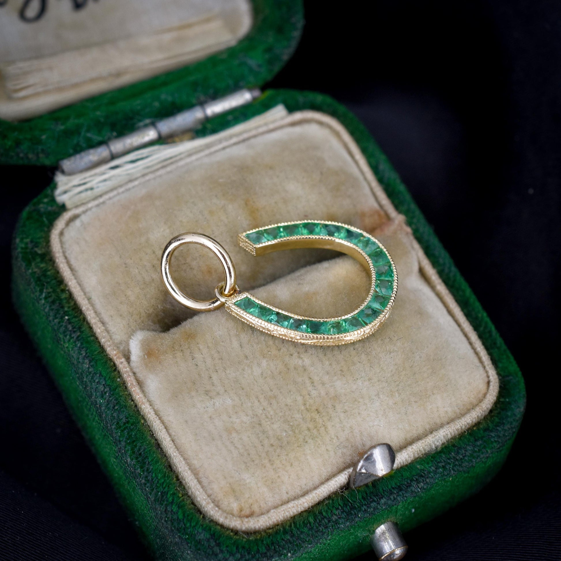 0.35ct French Cut Emerald Horseshoe 18ct Gold Charm Pendant