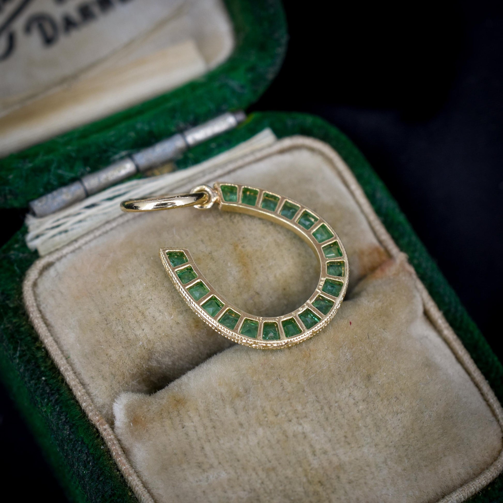 0.35ct French Cut Emerald Horseshoe 18ct Gold Charm Pendant