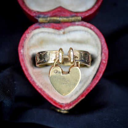 Vintage Hand Claddagh Heart Padlock Drop 9ct Yellow Gold Band Ring