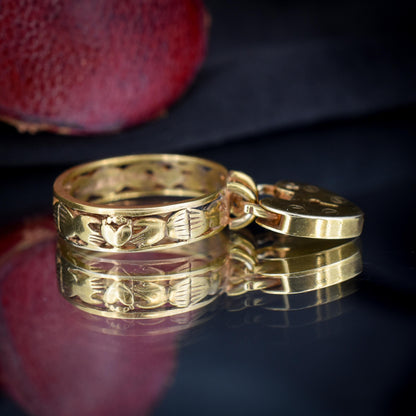 Vintage Hand Claddagh Heart Padlock Drop 9ct Yellow Gold Band Ring