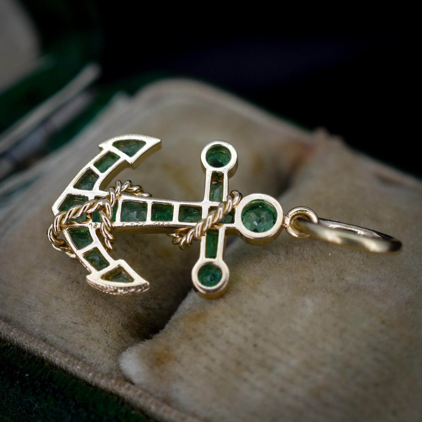 0.35ct Emerald Anchor Rope Nautical 18ct Yellow Gold Charm Pendant