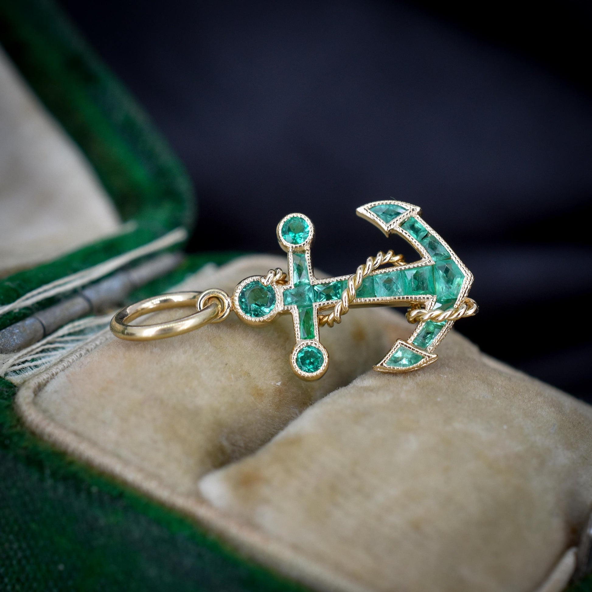 0.35ct Emerald Anchor Rope Nautical 18ct Yellow Gold Charm Pendant