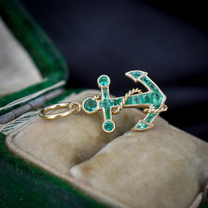 0.35ct Emerald Anchor Rope Nautical 18ct Yellow Gold Charm Pendant