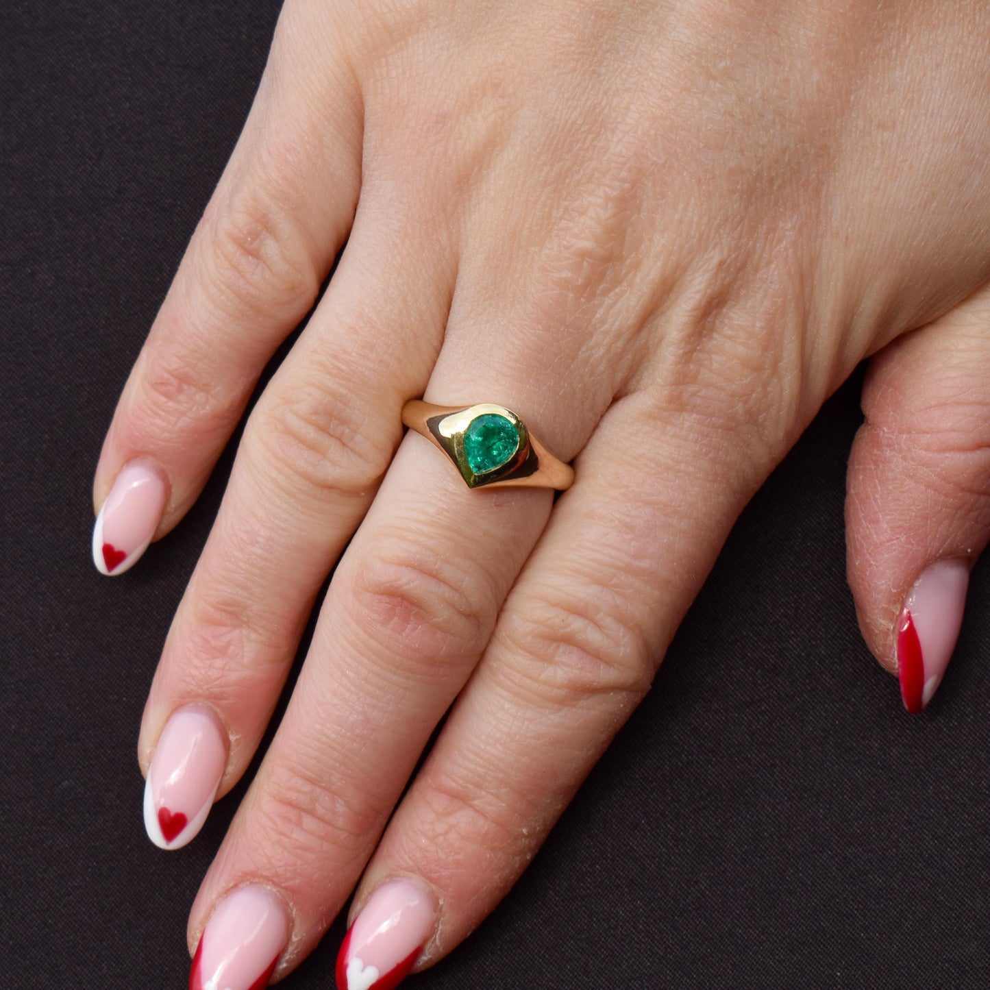 0.81ct Pear-cut Natural Emerald 18ct Gold Signet Gypsy Ring
