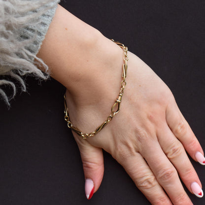 Vintage Fancy Twist Trombone Link 9ct Yellow Gold Bracelet with Dog Clip | 8.7"