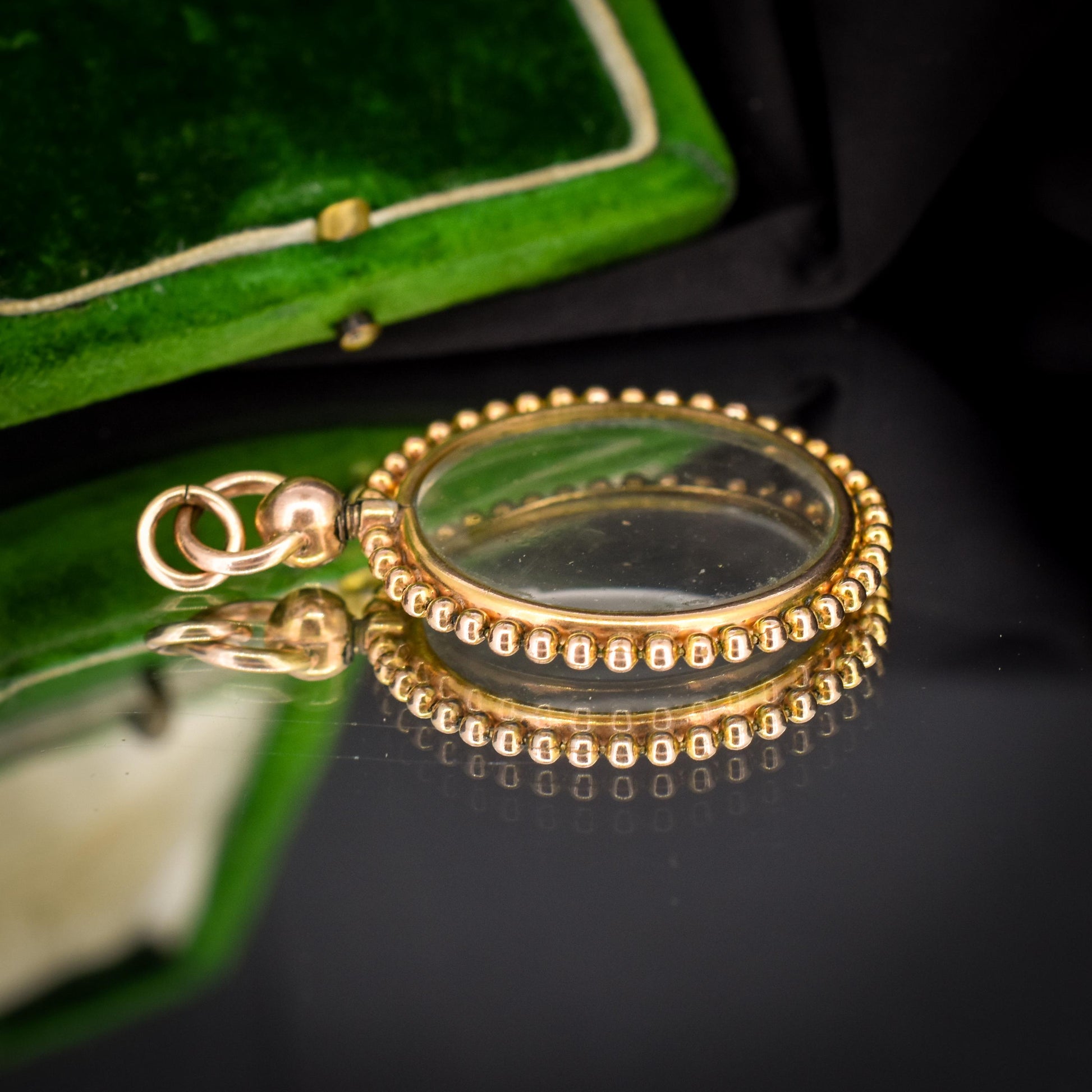 Antique Gold Round Beaded Glass Locket Pendant