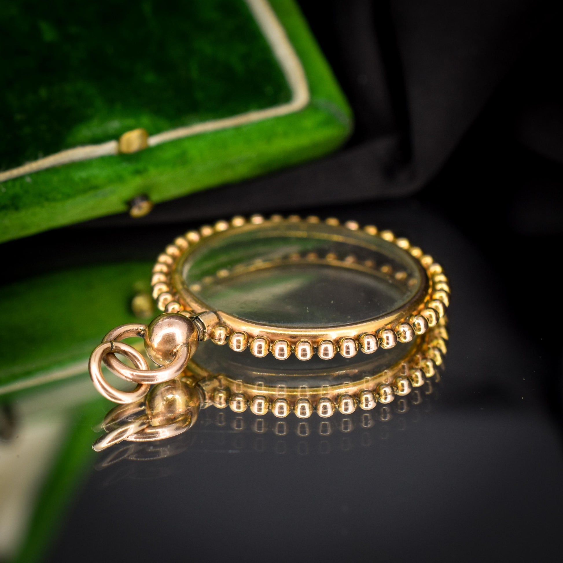 Antique Gold Round Beaded Glass Locket Pendant