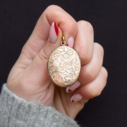Antique '1910' 9ct Gold Engraved Fancy Oval Locket Pendant