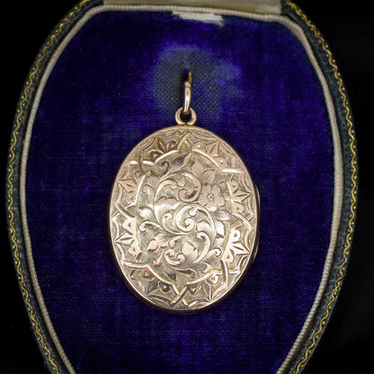 Antique '1910' 9ct Gold Engraved Fancy Oval Locket Pendant
