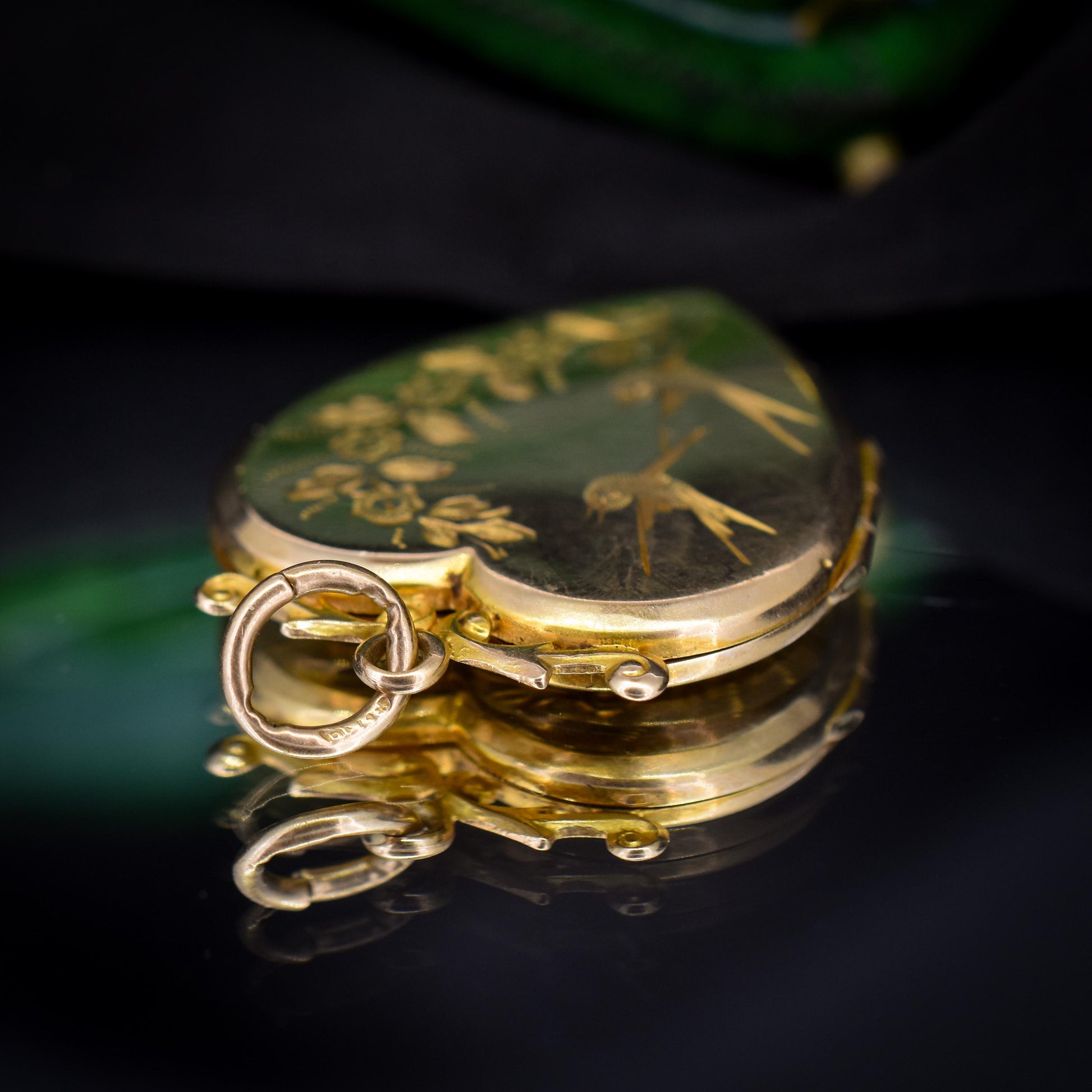 Antique Aesthetic Swallow Bird Floral 9ct Gold Heart Locket Pendant | Dated 1916