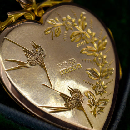 Antique Aesthetic Swallow Bird Floral 9ct Gold Heart Locket Pendant | Dated 1916