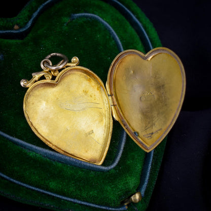 Antique Aesthetic Swallow Bird Floral 9ct Gold Heart Locket Pendant | Dated 1916