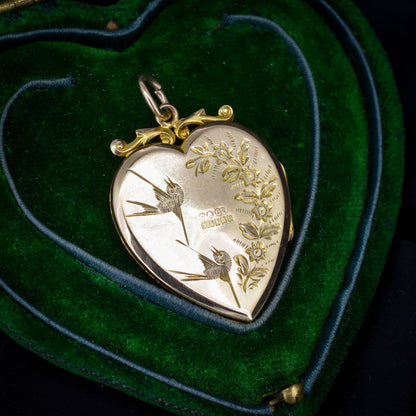Antique Aesthetic Swallow Bird Floral 9ct Gold Heart Locket Pendant | Dated 1916