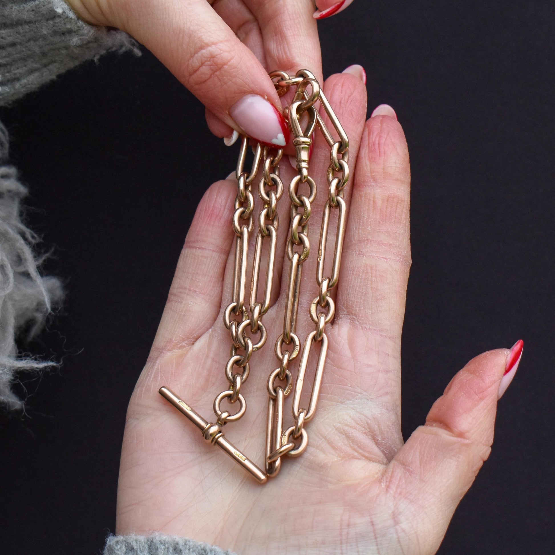 Antique '1895' 9ct Gold Trombone Link Albert Chain with Dog Clips and T-Bar | 15.5" length