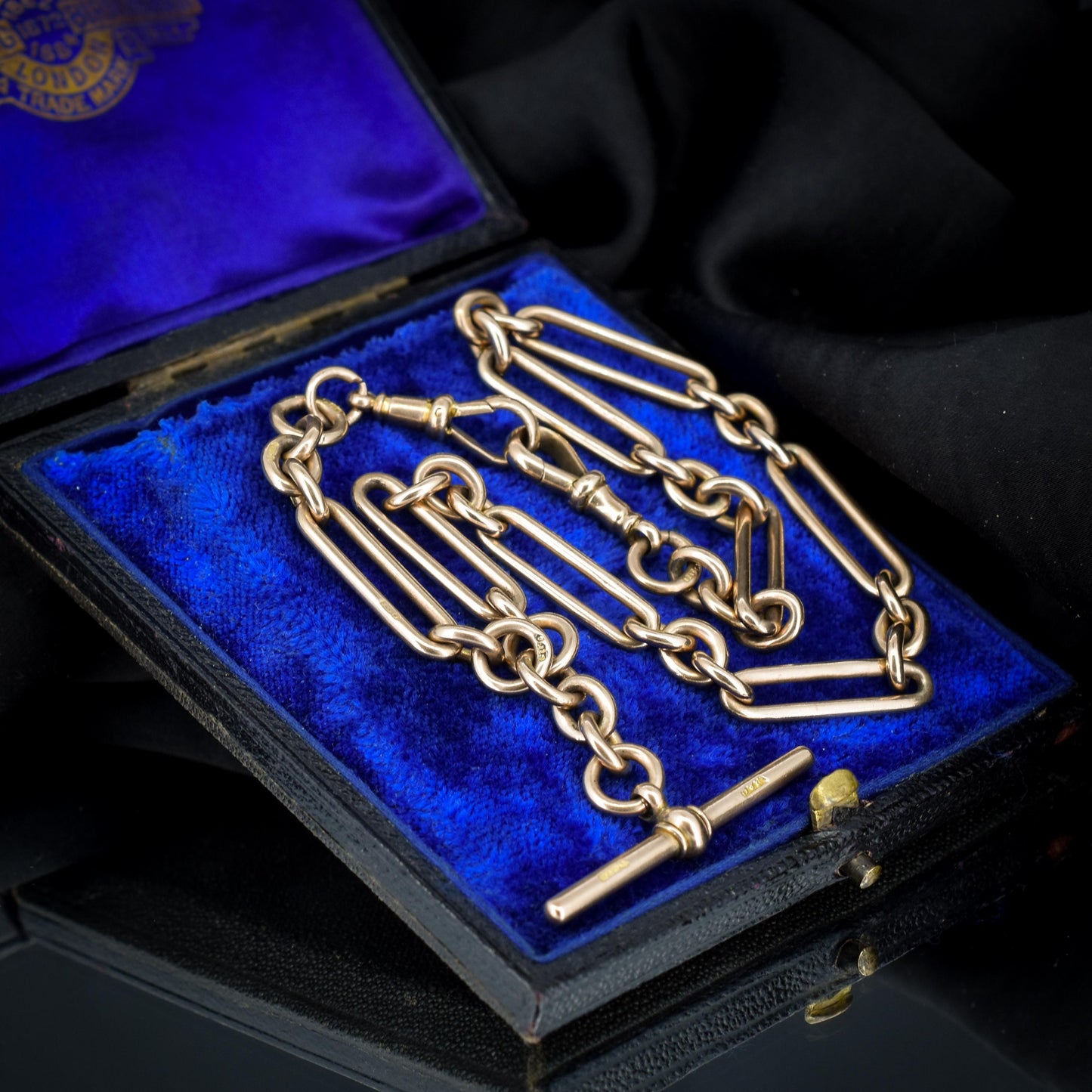 Antique '1895' 9ct Gold Trombone Link Albert Chain with Dog Clips and T-Bar | 15.5" length