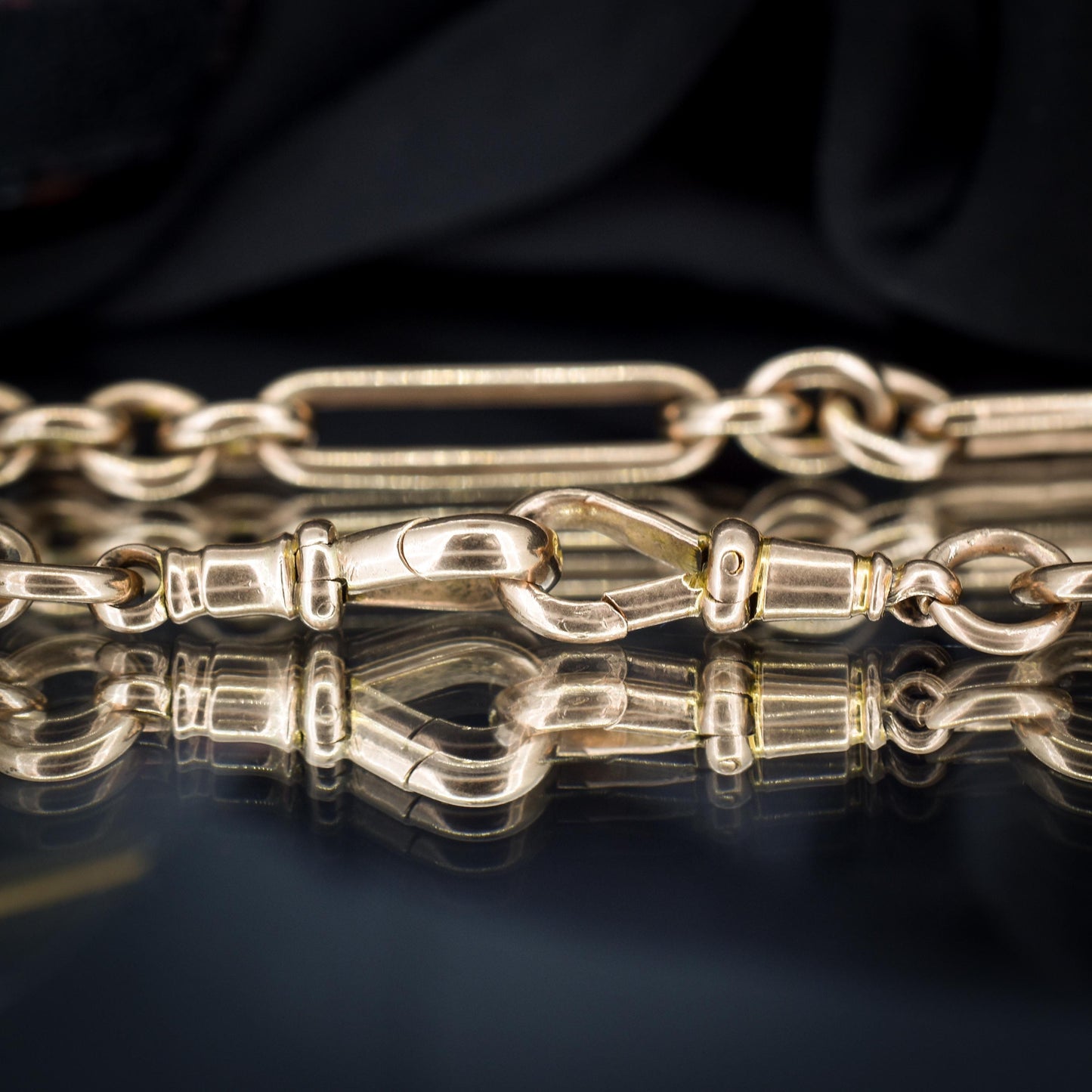 Antique '1895' 9ct Gold Trombone Link Albert Chain with Dog Clips and T-Bar | 15.5" length