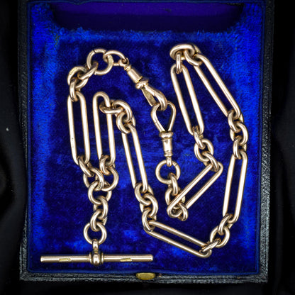 Antique '1895' 9ct Gold Trombone Link Albert Chain with Dog Clips and T-Bar | 15.5" length