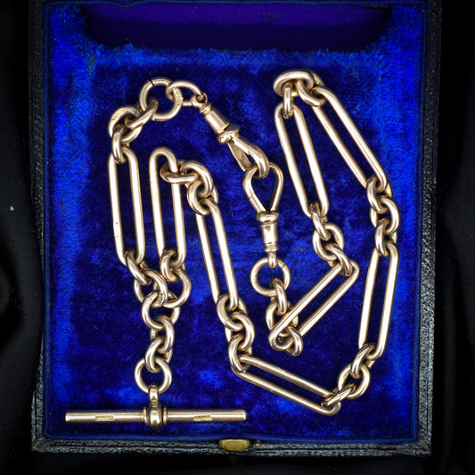 Antique '1895' 9ct Gold Trombone Link Albert Chain with Dog Clips and T-Bar | 15.5" length