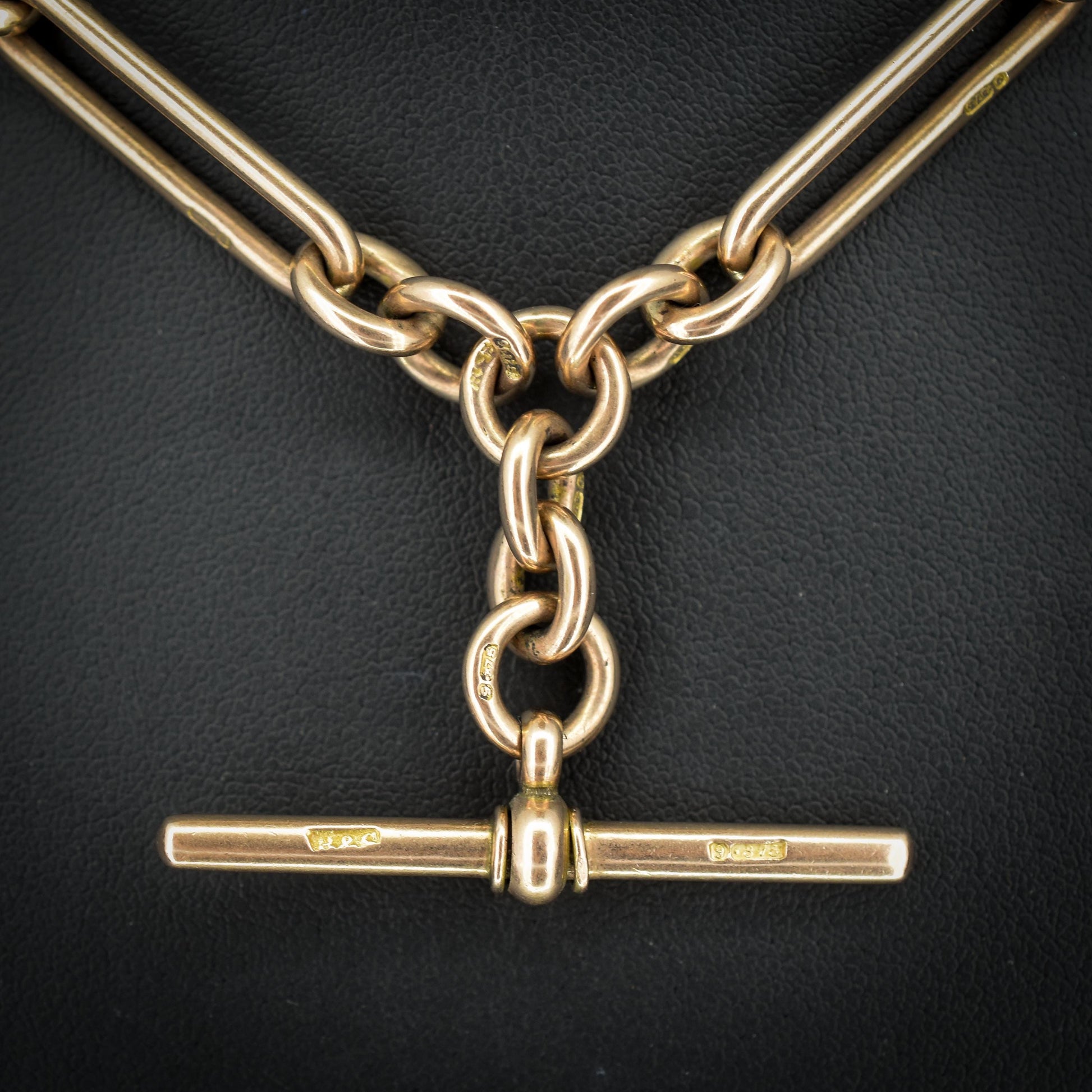 Antique '1895' 9ct Gold Trombone Link Albert Chain with Dog Clips and T-Bar | 15.5" length