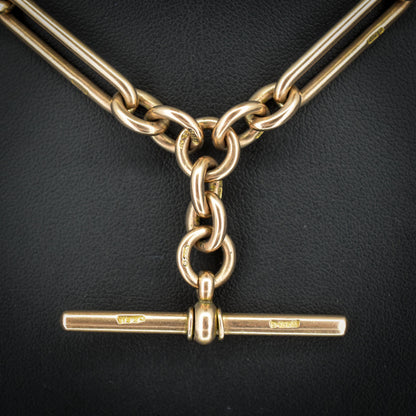 Antique '1895' 9ct Gold Trombone Link Albert Chain with Dog Clips and T-Bar | 15.5" length